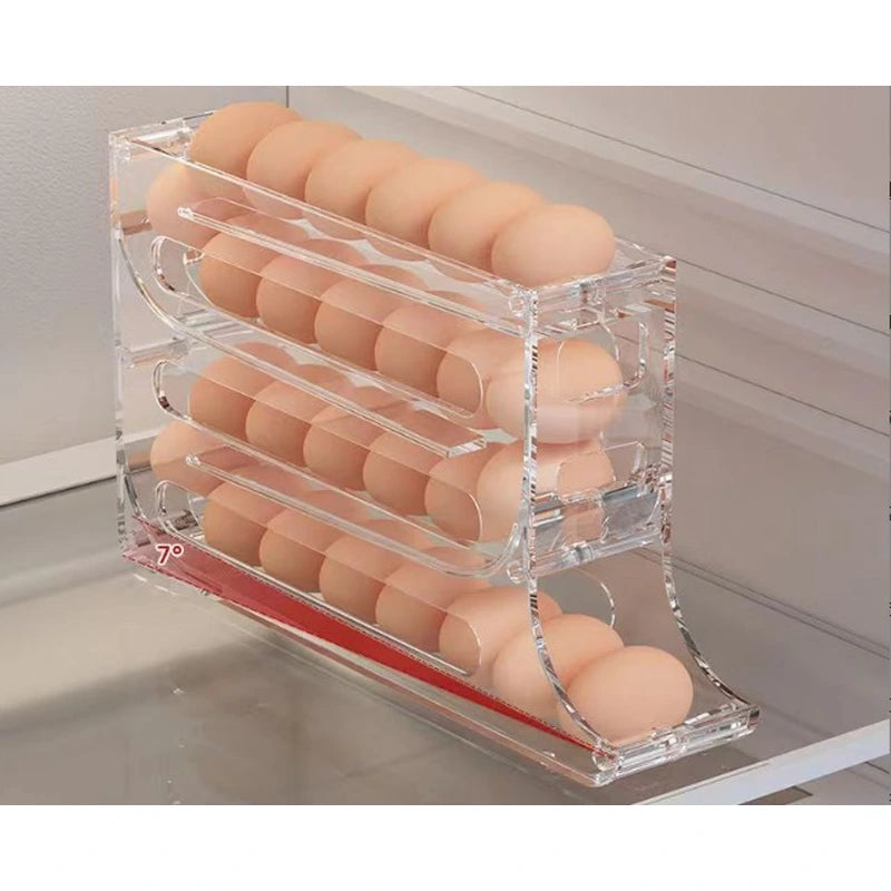 Dispensador de huevos transparente con cuatro niveles inclinados y acceso frontal